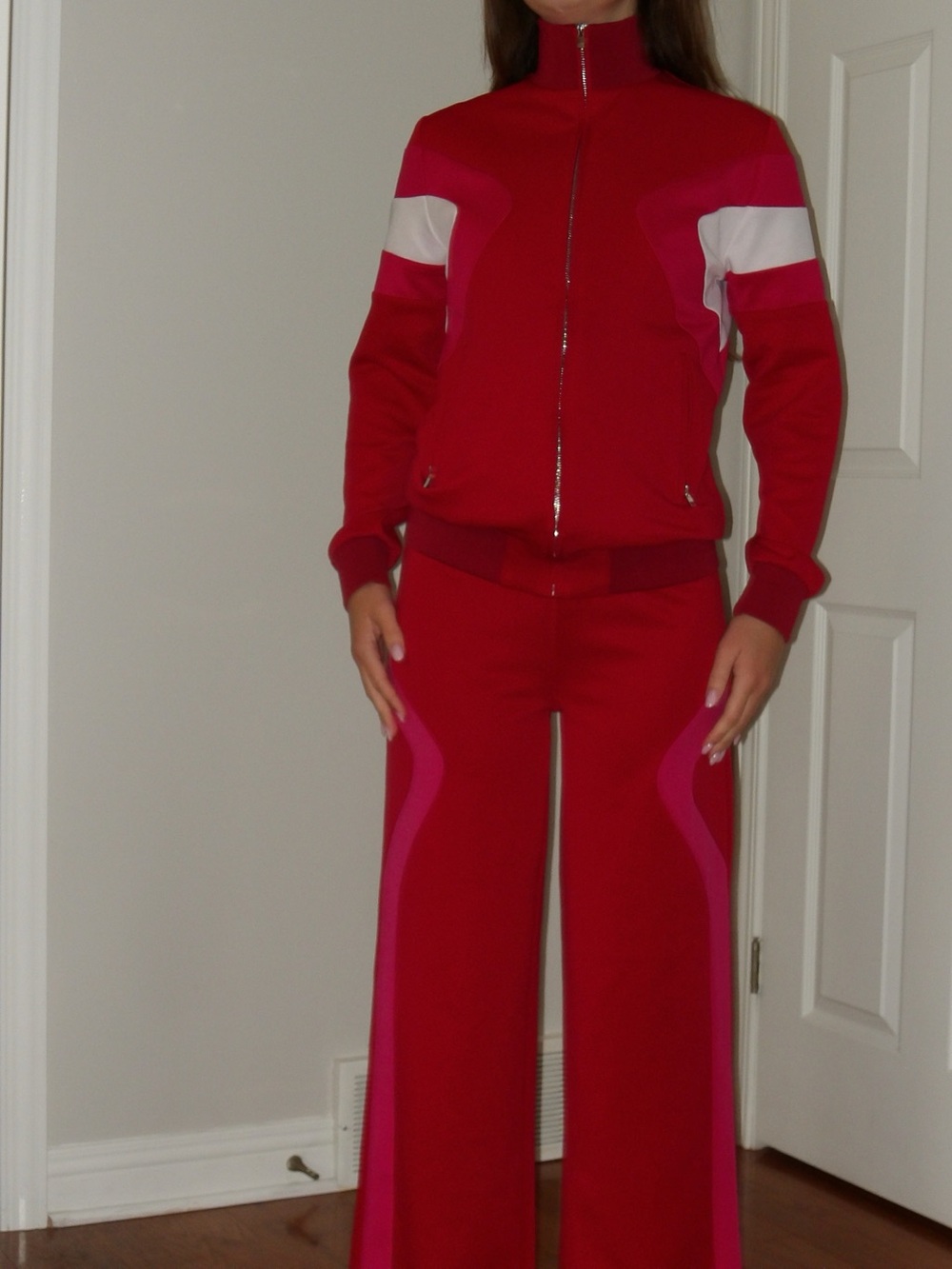 Maje Red and Pink Zip-Front Track Jumpsuit